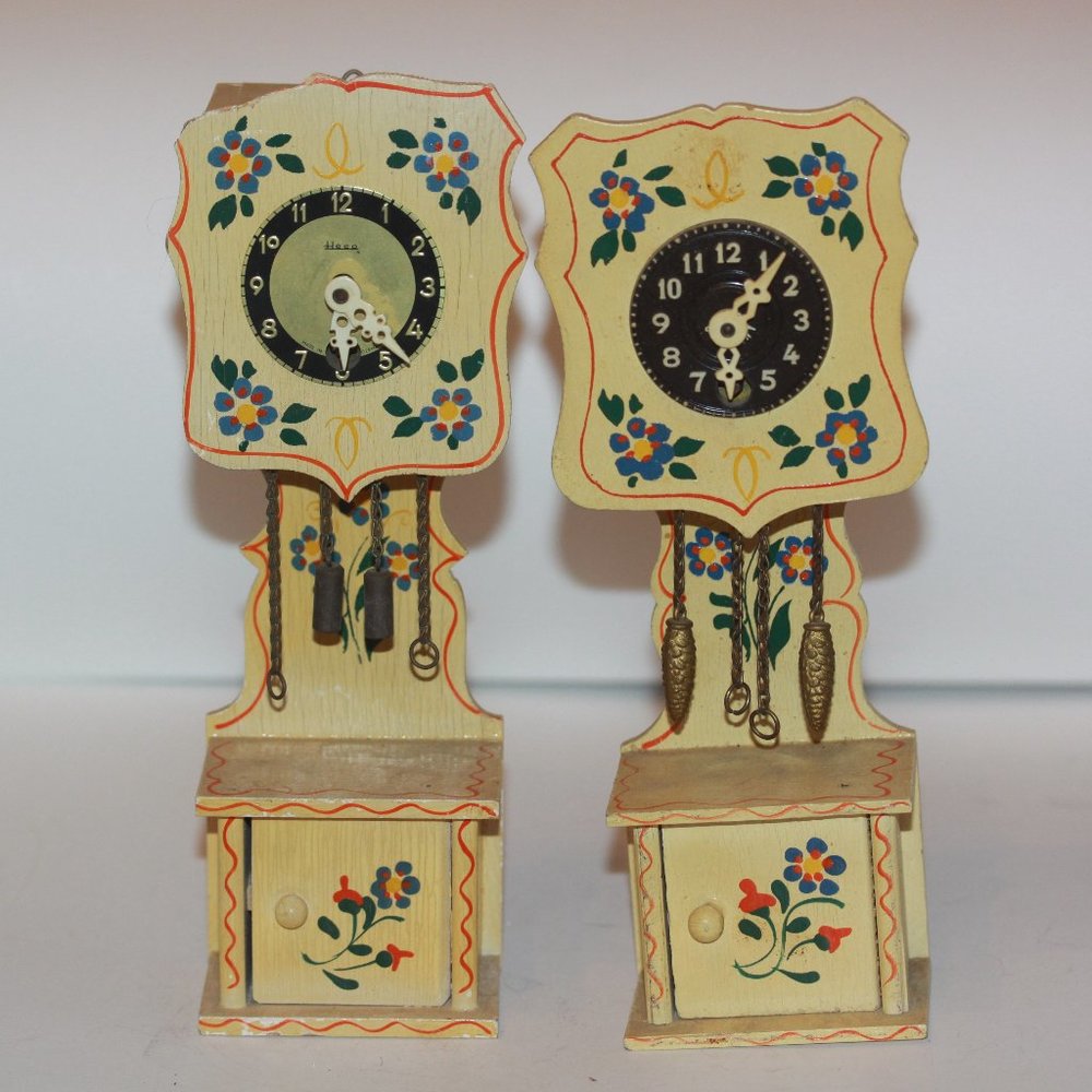 LOT of 2 Miniature  Wood Grandfather Clock CLOCKS Small Tabletop w/keys